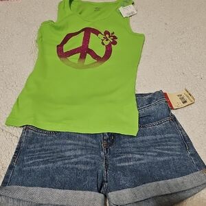 Girls' Lime Green Glitter Peace Tank Top/ Denim Shorts - Kids